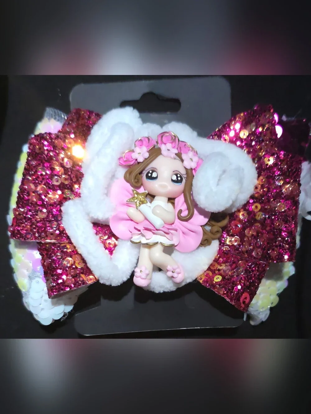Sparkling Pink Sequin Fairy Bow Hair Clip for Kids